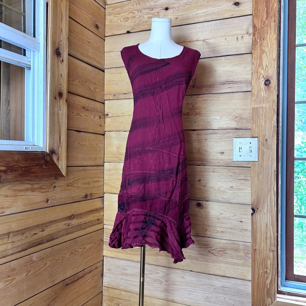 Vintage Dress Womens Large Burgundy Red Black Embroidered Tie Dye Papa Vancouver